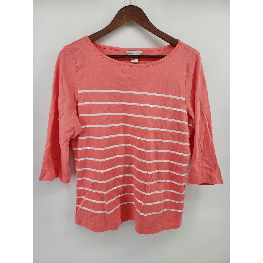 Christopher & Banks Womens Large Coral Pink Striped Sequin 3/4 Sleeve Cotton Top